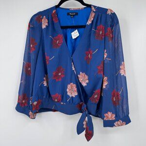 Madewell Effie Blue Floral Woven V-Neck Wrap Top Blouse size L Large NWT